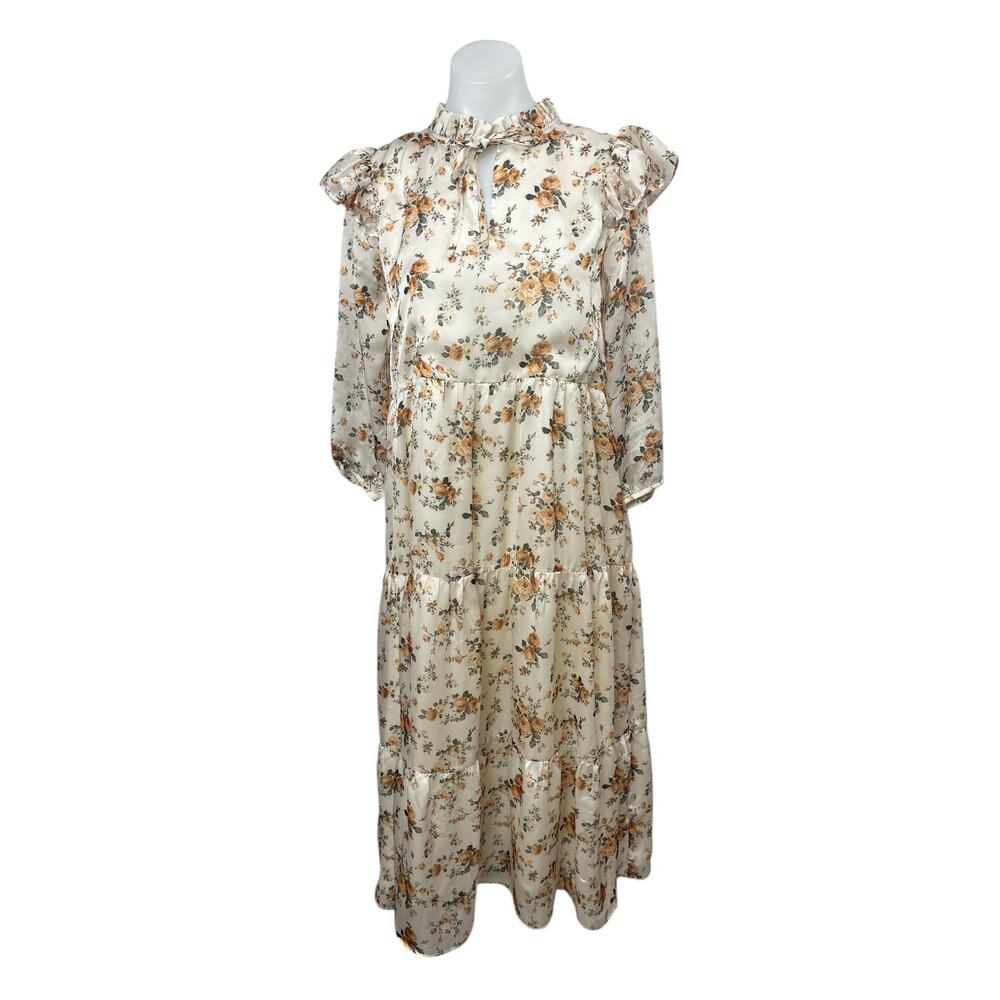 Olivia Rohde Beige Satin Floral Ruffle Long Sleeve Tiered Midi A-Line Dress 16